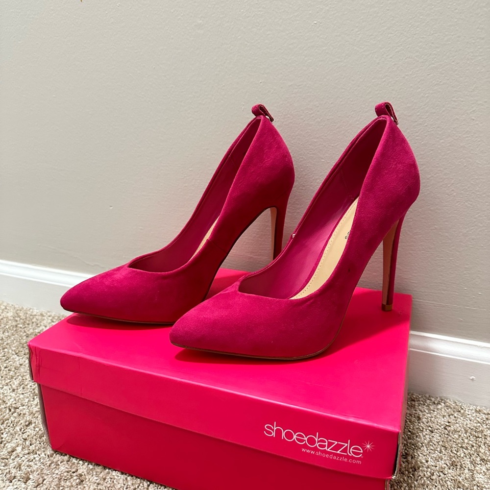Brand new fuchsia high heels with optional gem strap.